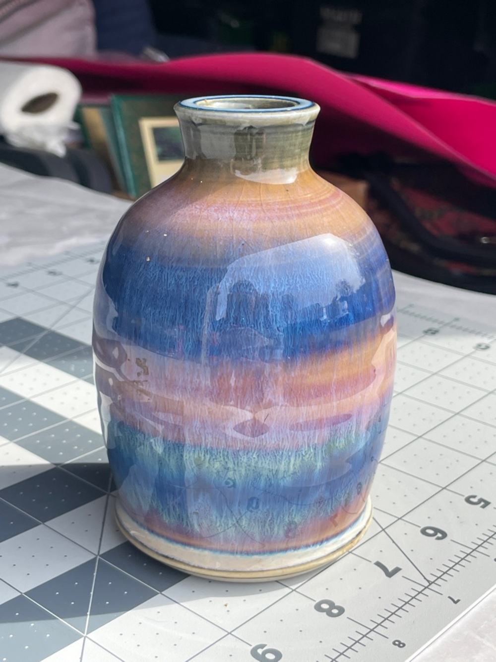 Vtg Signed Artisan Studio Pottery Vase • MCM Blue & Orange Drip Glaze Bud Vase